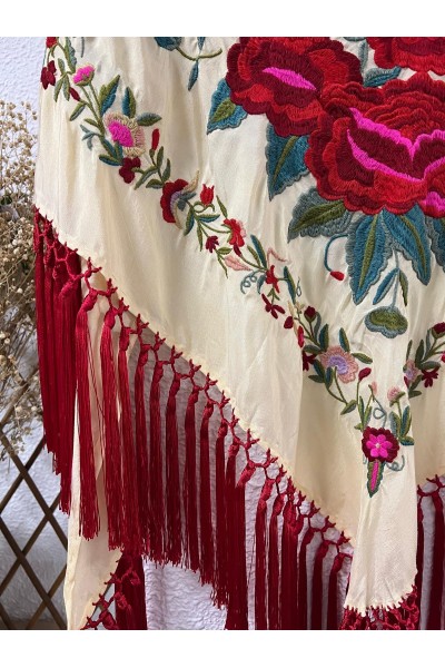 Mantoncillo de flamenca PASTORA vainilla, rojo, rosa, borlones