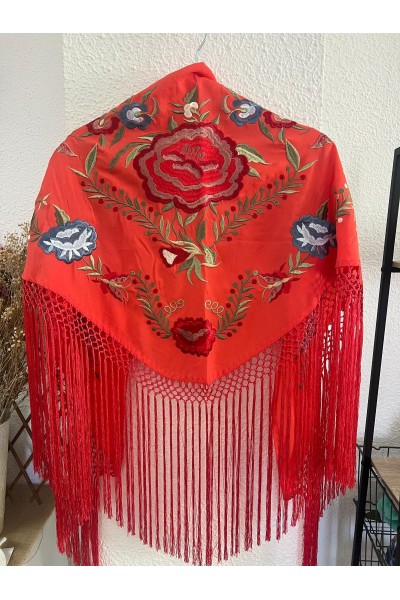 Mantoncillo de flamenca JÁNDULA coral, crespón, flecado a mano