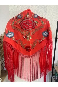 Mantoncillo de flamenca JÁNDULA coral, crespón, flecado a mano