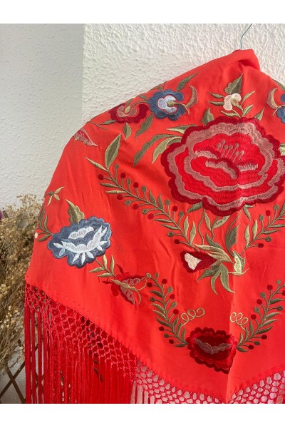 Mantoncillo de flamenca JÁNDULA coral, crespón, flecado a mano