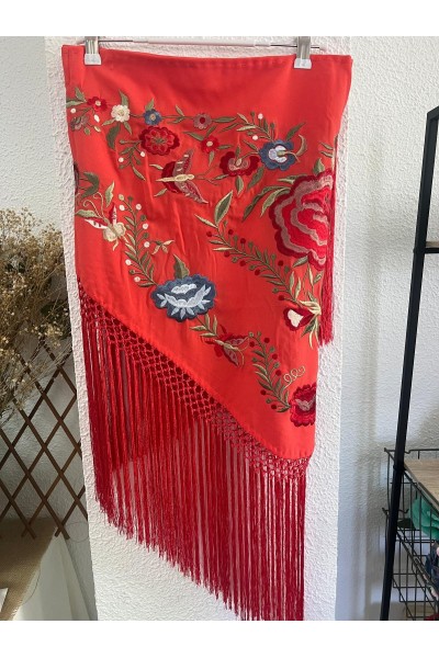 Mantoncillo de flamenca JÁNDULA coral, crespón, flecado a mano