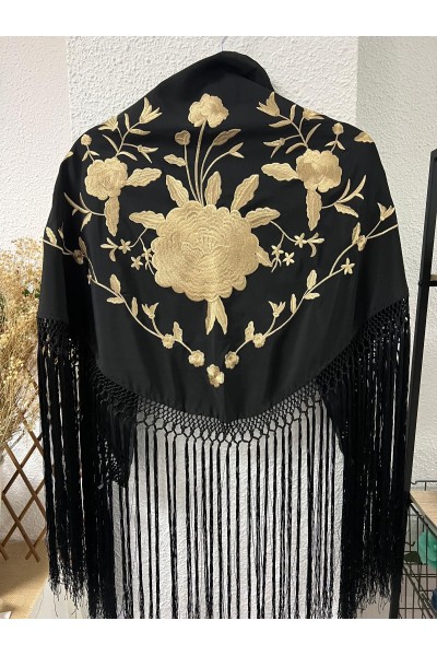 Mantoncillo ROSALEDA negro y dorado, flecado artesanal
