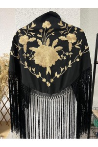 Mantoncillo ROSALEDA negro y dorado, flecado artesanal