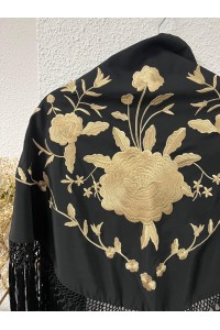 Mantoncillo ROSALEDA negro y dorado, flecado artesanal