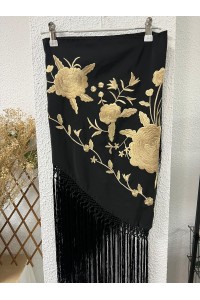 Mantoncillo ROSALEDA negro y dorado, flecado artesanal