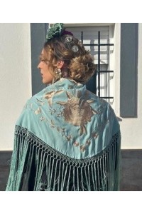 Mantoncillo ROSALEDA verde jabonoso y dorado, flecado artesanal