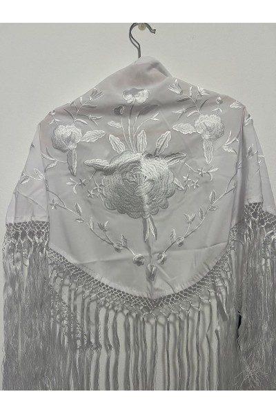 Mantoncillo ROSALEDA blanco, crespón, flecado artesanal