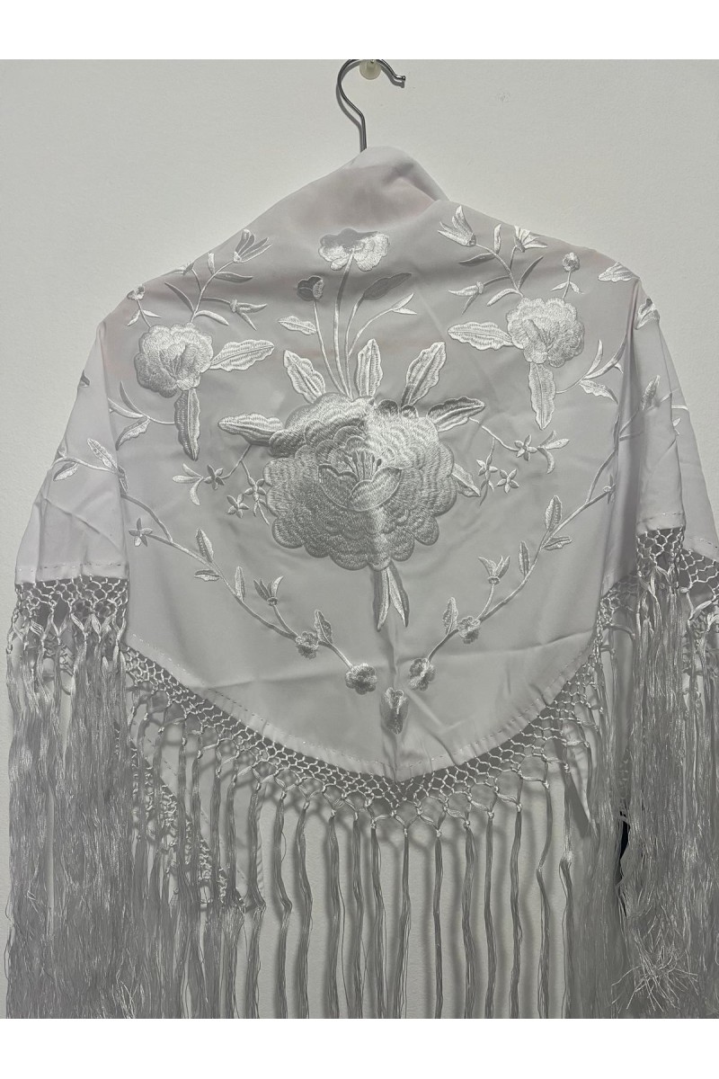 Mantoncillo ROSALEDA blanco, crespón, flecado artesanal