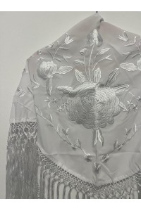 Mantoncillo ROSALEDA blanco, crespón, flecado artesanal