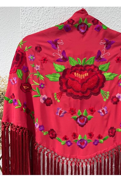 Mantoncillo de flamenca ALEGRÍA rojo, viscosa y seda, flecado artesana
