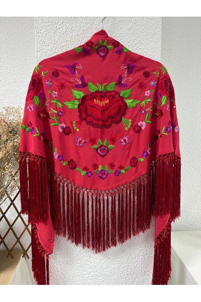 Mantoncillo de flamenca ALEGRÍA rojo, viscosa y seda, flecado artesana