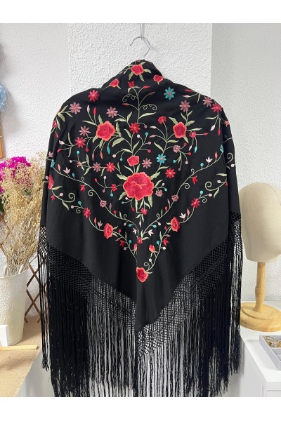 MANTÓN DE MANILA negro bordado rojo, fleco largo con esterilla