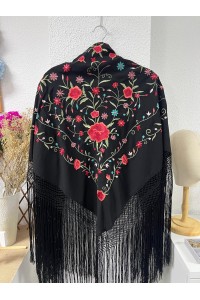 MANTÓN DE MANILA negro bordado rojo, fleco largo con esterilla