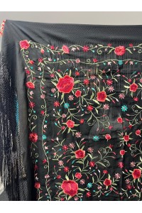 MANTÓN DE MANILA negro bordado rojo, fleco largo con esterilla