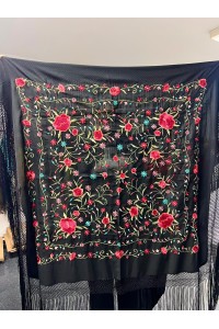 MANTÓN DE MANILA negro bordado rojo, fleco largo con esterilla
