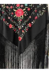 MANTÓN DE MANILA negro bordado rojo, fleco largo con esterilla