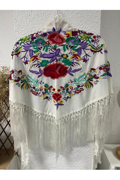 Mantoncillo de flamenca LAVANDA blanco, flecado a mano, borlones