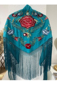 Mantoncillo de flamenca JÁNDULA aguamarina, crespón, flecado a mano