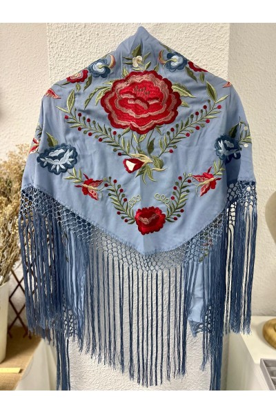 Mantoncillo de flamenca JÁNDULA azul celeste, crespón, flecado a mano