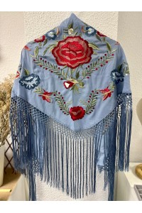 Mantoncillo de flamenca JÁNDULA azul celeste, crespón, flecado a mano