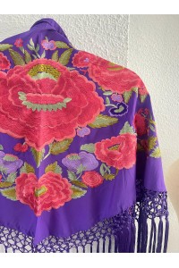 Mantoncillo de flamenca ROSETÓN morado y coral, flecado artesanal