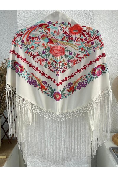 Mantoncillo de flamenca PAJARITOS blanco roto, coral, flecado a mano