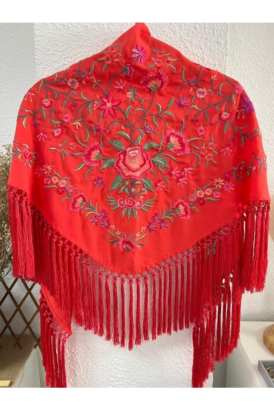 Mantoncillo de flamenca CINTA coral, flecado artesanal