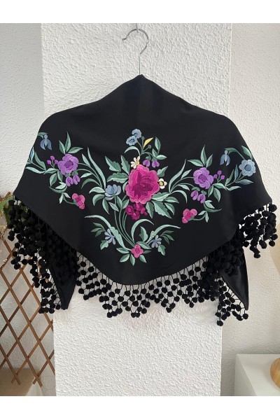Mantoncillo de flamenca JIMENA negro, crespón, madroños