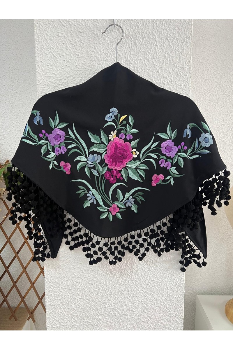 Mantoncillo de flamenca JIMENA negro, crespón, madroños
