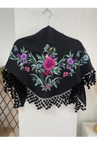 Mantoncillo de flamenca JIMENA negro, crespón, madroños