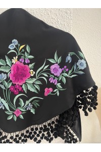 Mantoncillo de flamenca JIMENA negro, crespón, madroños