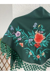 Mantoncillo de flamenca JIMENA verde botella, crespón, madroños