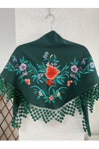 Mantoncillo de flamenca JIMENA verde botella, crespón, madroños