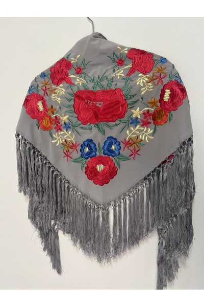 Mantoncillo de flamenca TABLAO gris y coral, crespón, flecado borlones