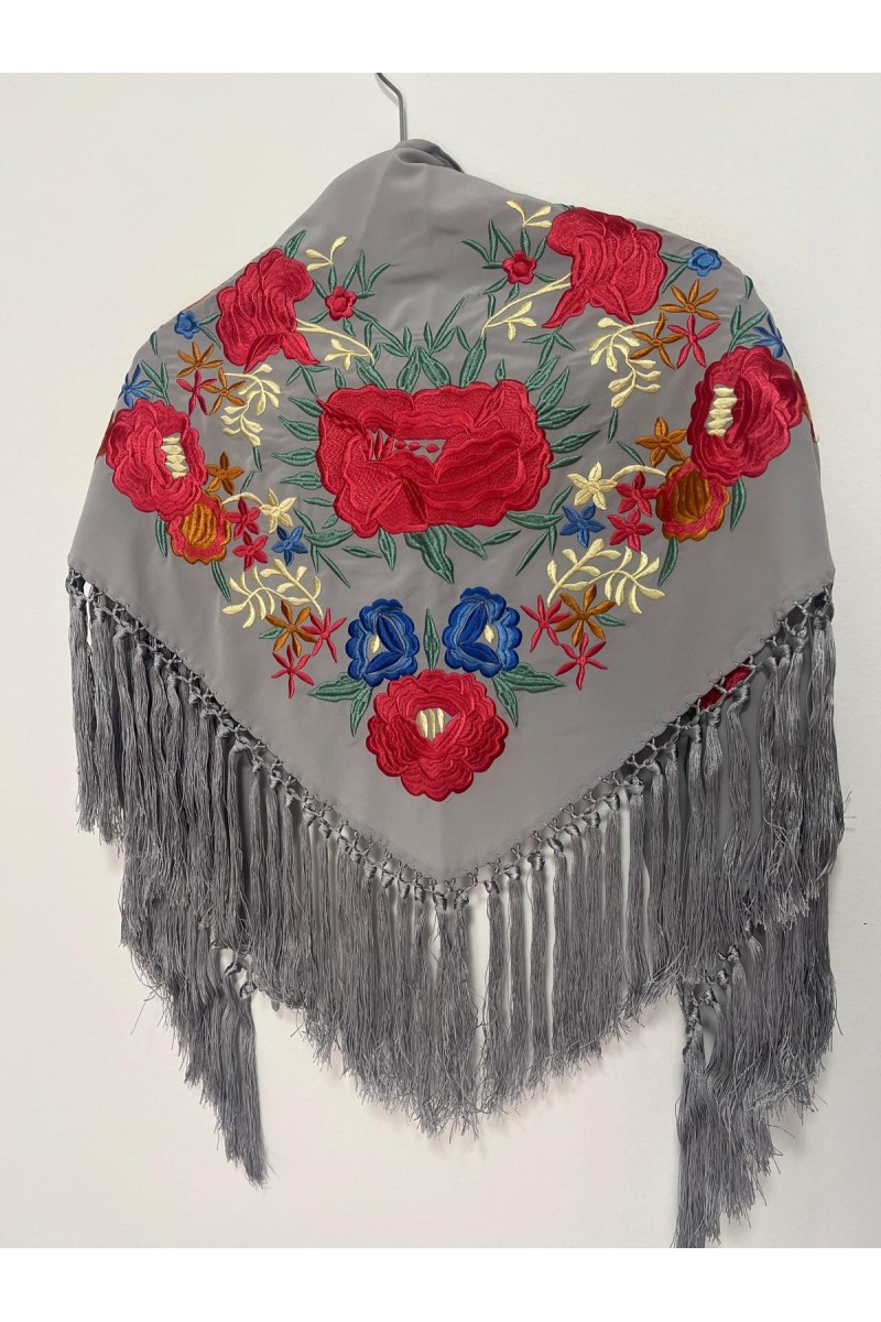 Mantoncillo de flamenca TABLAO gris y coral, crespón, flecado borlones