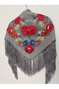 Mantoncillo de flamenca TABLAO gris y coral, crespón, flecado borlones