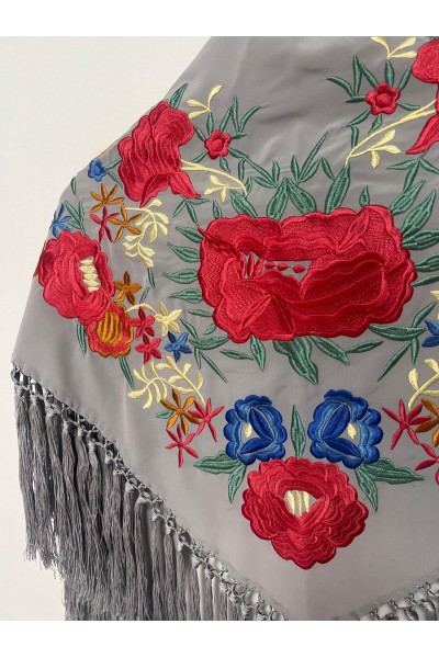 Mantoncillo de flamenca TABLAO gris y coral, crespón, flecado borlones