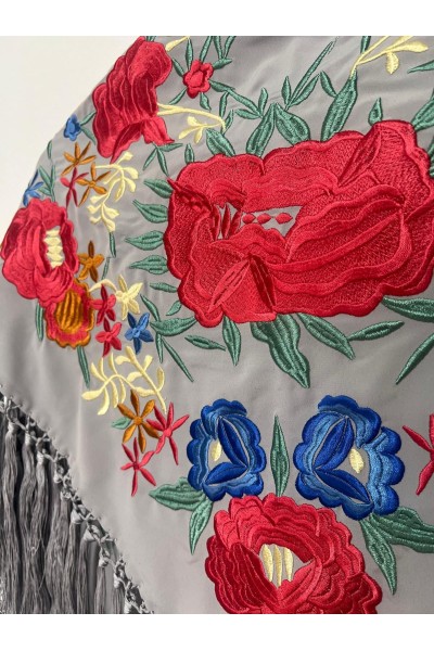 Mantoncillo de flamenca TABLAO gris y coral, crespón, flecado borlones