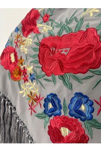 Mantoncillo de flamenca TABLAO gris y coral, crespón, flecado borlones