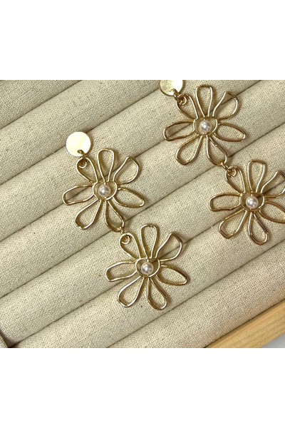 Pendientes DOBLE MARGARITA y perlas, dorados