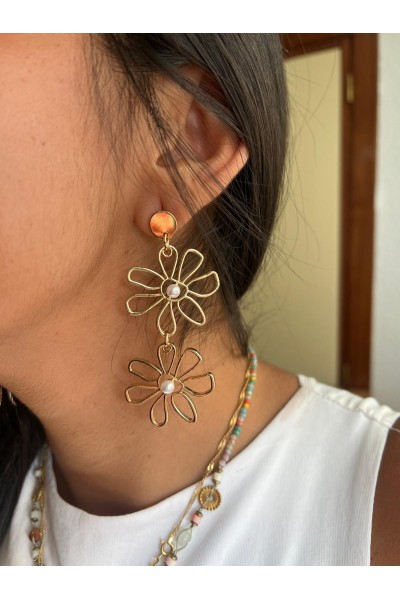 Pendientes DOBLE MARGARITA y perlas, dorados