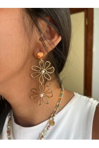 Pendientes DOBLE MARGARITA y perlas, dorados