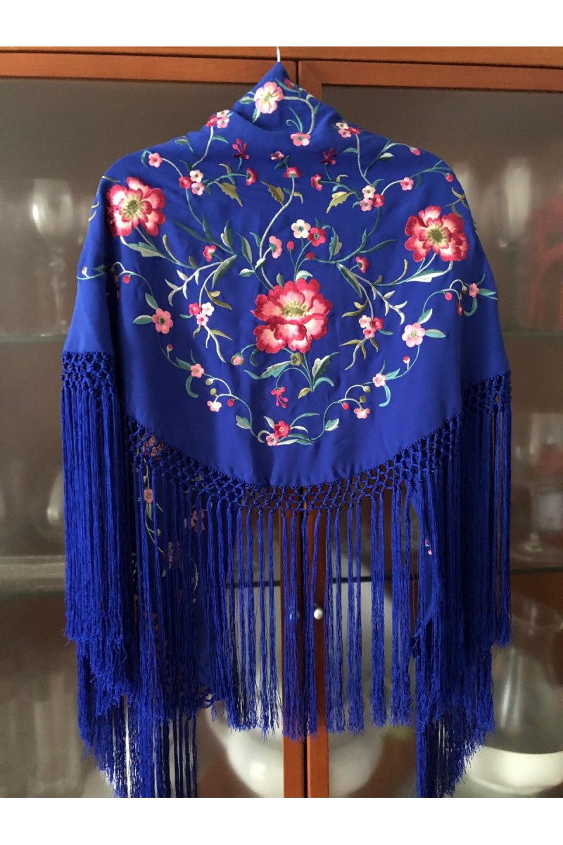 Mantoncillo de flamenca JARANDA Azulón, crespón, flecado a mano