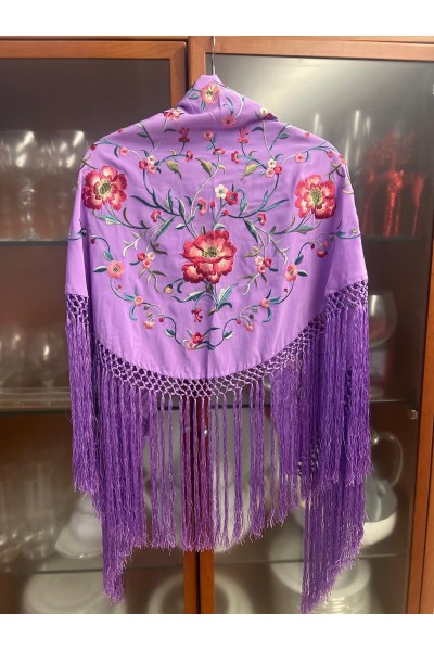 Mantoncillo de flamenca JARANDA lila y colores alegres, flecado a mano