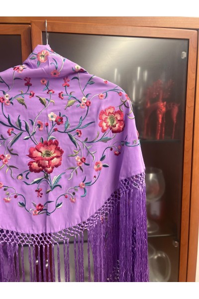 Mantoncillo de flamenca JARANDA lila y colores alegres, flecado a mano