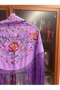 Mantoncillo de flamenca JARANDA lila y colores alegres, flecado a mano