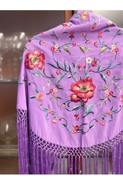 Mantoncillo de flamenca JARANDA lila y colores alegres, flecado a mano