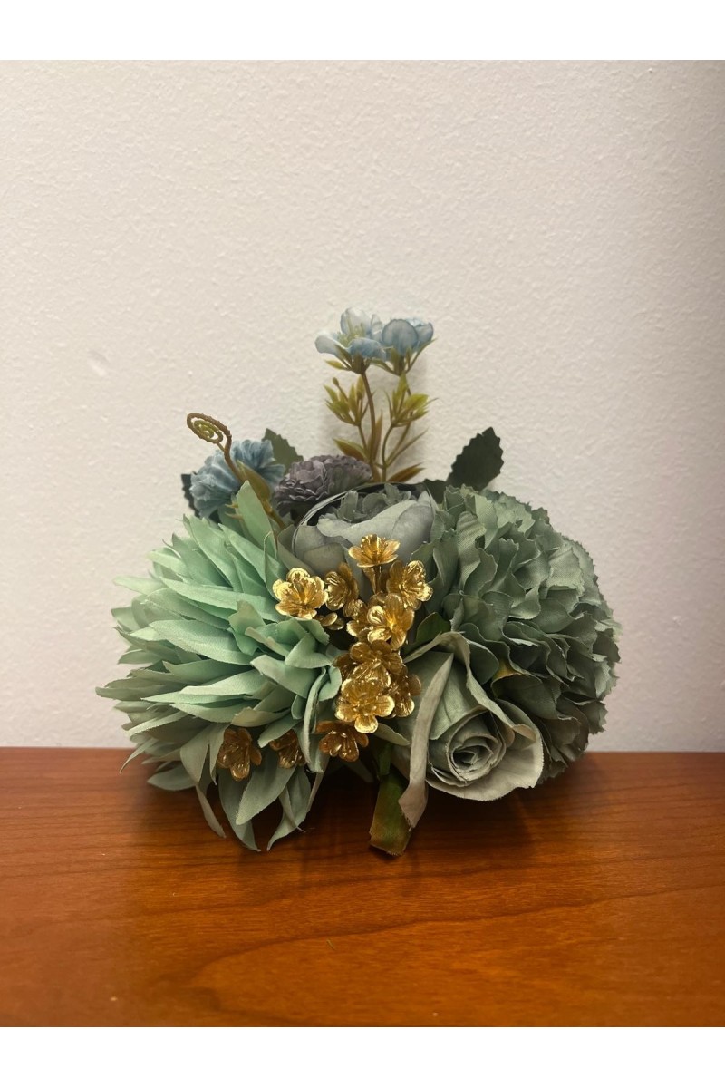 Ramillete LUISA, verde jabonoso, de tela, con rosas, claveles y dalias