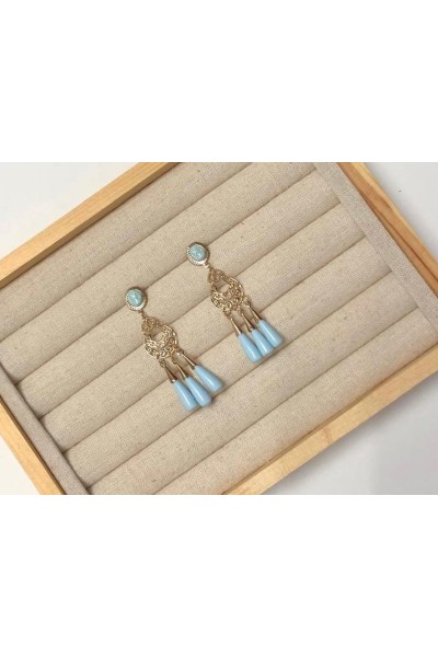 Pendientes AZAHARES dorados 3 lágrimas celestes, pequeños niña/adulta.