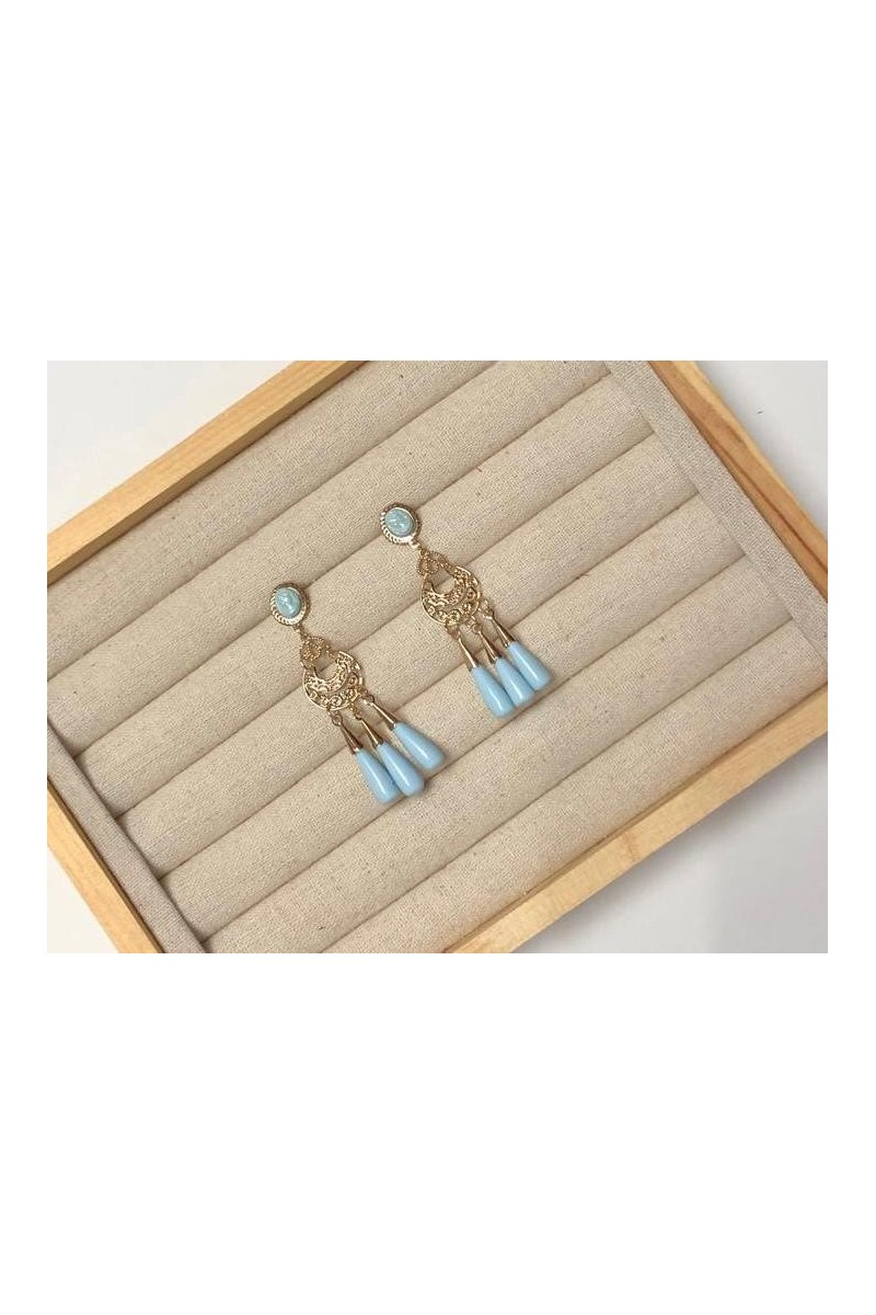 Pendientes AZAHARES dorados 3 lágrimas celestes, pequeños niña/adulta.